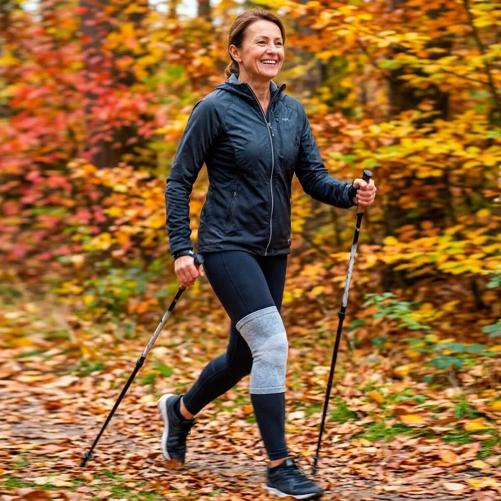Kobieta uprawia nordic walking w jesiennym lesie z rękawem Bambuknees na kolanie