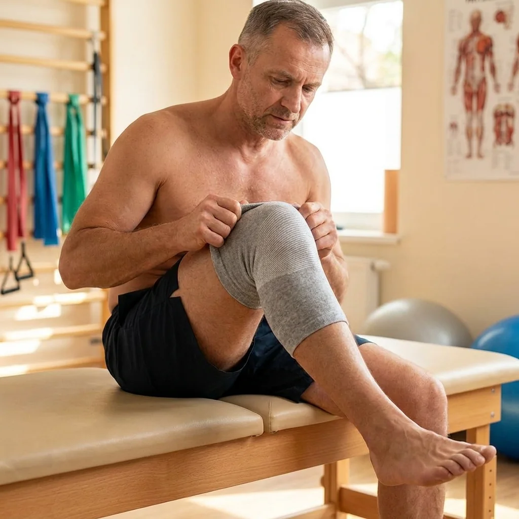 Mężczyzna na rehabilitacji zakłada rękaw Bambuknees po urazie kolana