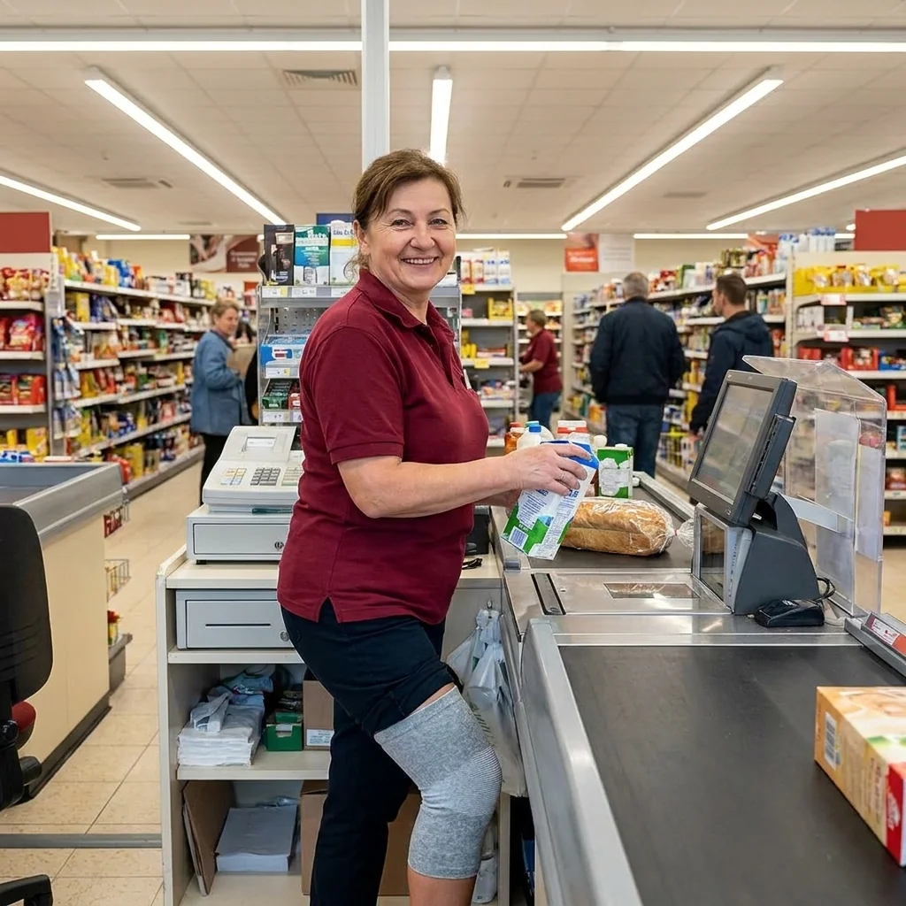 Kasjerka w sklepie uśmiecha się, nosi rękaw Bambuknees podczas 8 godzin pracy stojącej