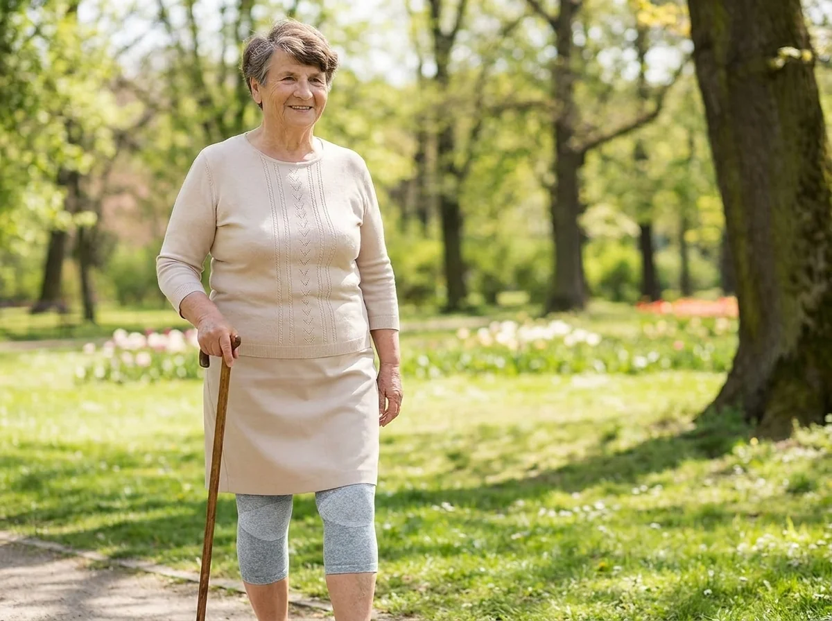 Seniorka na spacerze w parku w rękawach Bambuknees - nosi je przez cały dzień